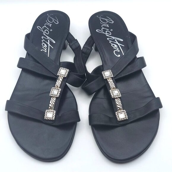 Brighton Nassau Black Leather Low Heel Slide Sandals 8.5M Silver Plated Crystal - Picture 3 of 11